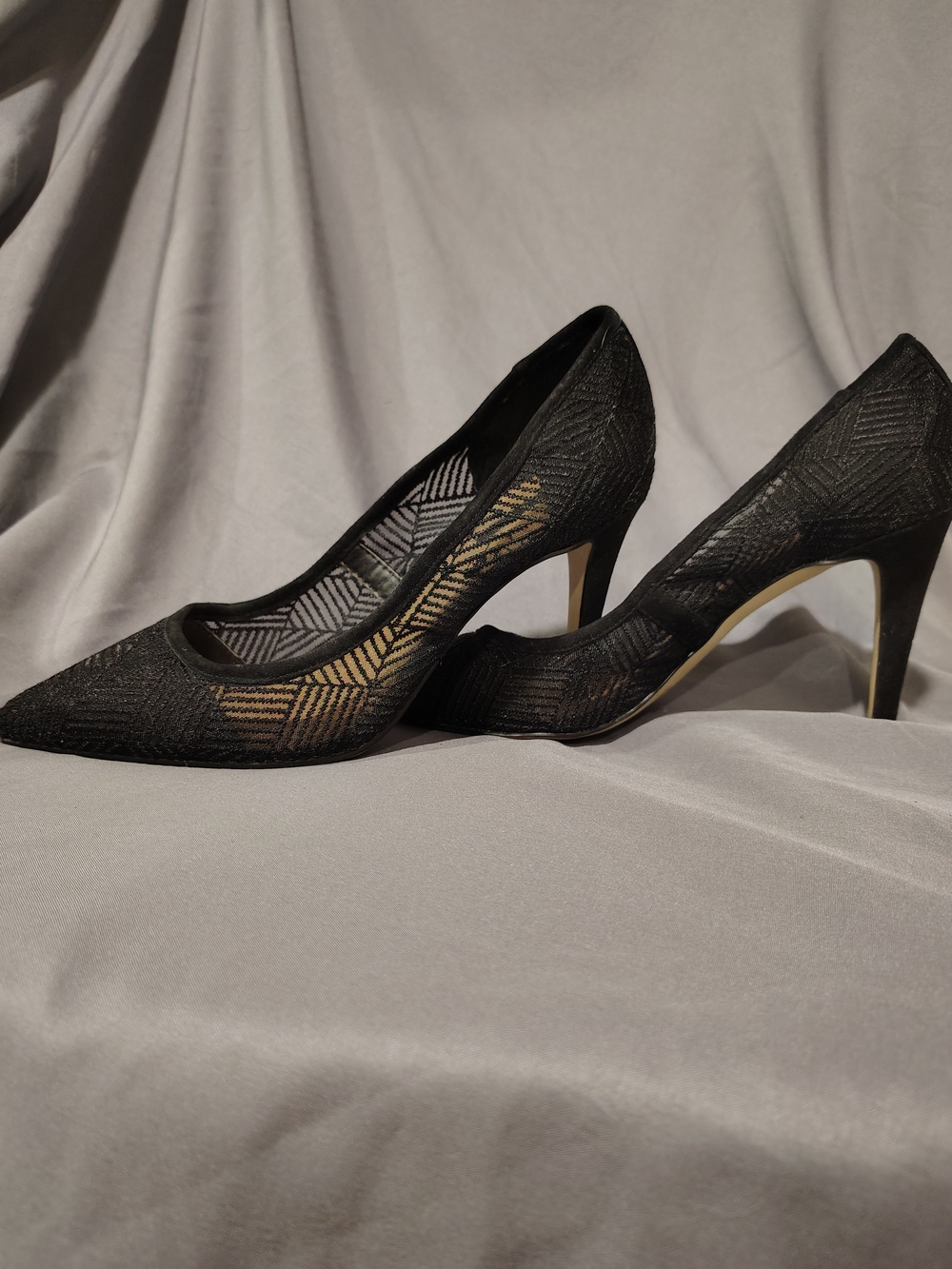 Tahari Black Sheer Geometric Pointed-Toe Heels